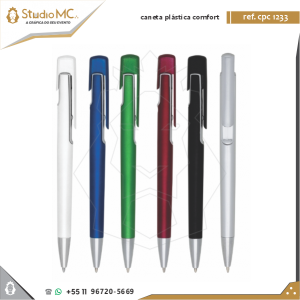 Caneta Plástica Comfort Caneta esferográfica plástica/ABS com clipe, acionamento por clique.  Até 1,5K de escrita cor azul. Caneta - 14 x 141 mm  /  Área de Impressão - 6 x 35 mm    